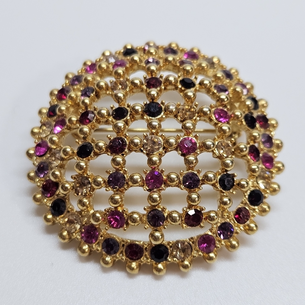 VINTAGE Multi Color Glass Rhinestone Gold Tone Dome Brooch Pin Signed